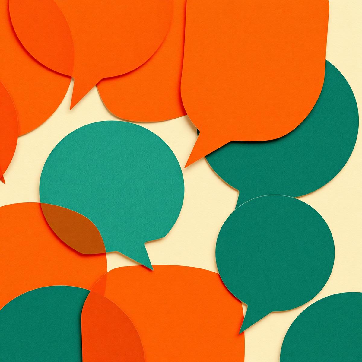 Overlapping speech bubble shapes in teal and terracotta